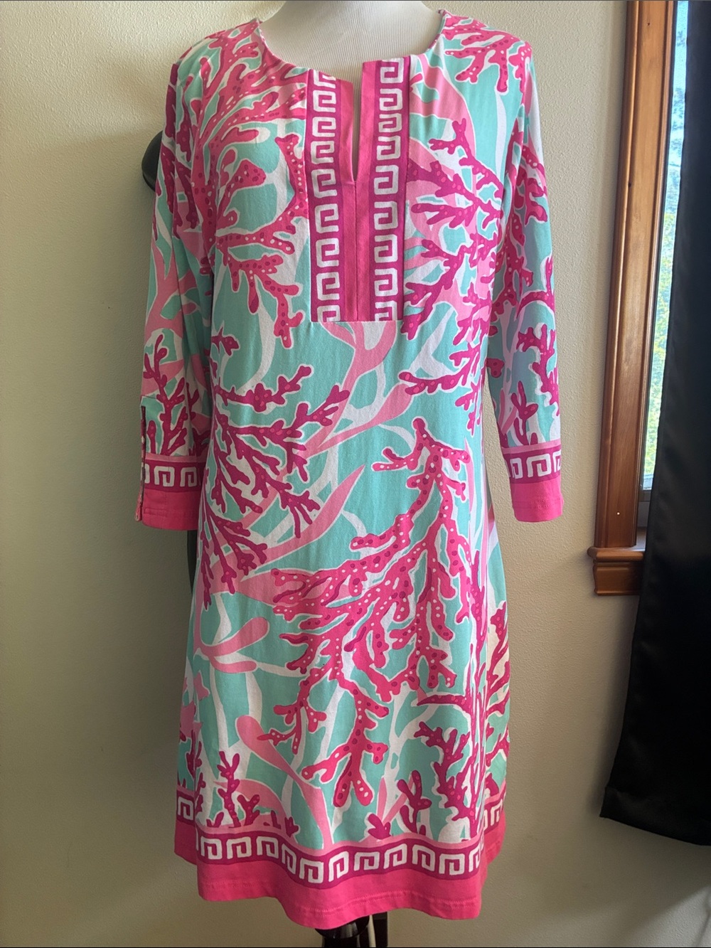 Pink & Aqua tropical Printed 3/4 Sleeve Shift Dress